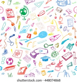 Hand drawn doodle school objects seamless pattern. Colored objects, white background. Learning, study, poster, flyer, design.