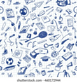 Hand drawn doodle school objects seamless pattern. Blue pen objects, notebook background. Learning, study, poster, flyer, design.