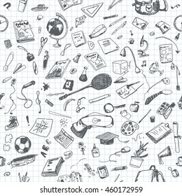 Hand drawn doodle school objects seamless pattern. Gray pencil objects, notebook background. Learning, study, poster, flyer, design.