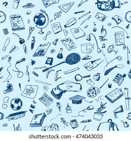 Hand drawn doodle school objects seamless pattern. Blue pen objects, pale blue watercolor painted background. Learning, study, poster, flyer, design.
