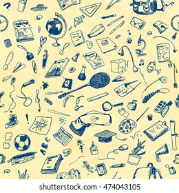 Hand drawn doodle school objects seamless pattern. Blue pen objects, pale yellow watercolor painted background. Learning, study, poster, flyer, design.