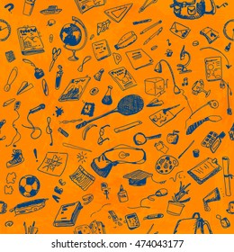 Hand drawn doodle school objects seamless pattern. Blue pen objects, orange watercolor painted background. Learning, study, poster, flyer, design.