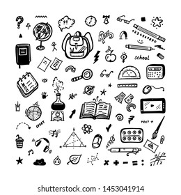 Hand Drawn Doodle School Supplies Icons Vector Set. Education Design Elements Collection. Back to School