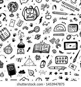 Hand Drawn Doodle School Supplies Icons Vector Seamless Pattern. Education Design Elements Black and White Background for Kids. Back to School