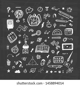 Hand Drawn Doodle School Supplies Icons Vector Set. Education Design Elements Collection. Back to School 