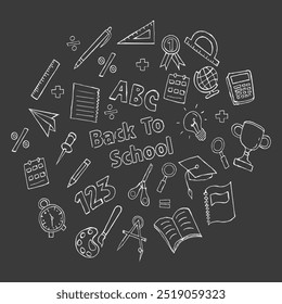 hand drawn doodle school supplies for back to school concept, isolated on dark background,doodle school accessories element