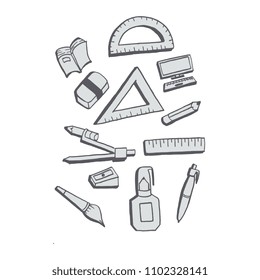 Hand drawn doodle school tools any objects set