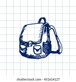 Hand drawn doodle schoolbag. Blue pen outline, notebook background. Pupil, student,  school, education.