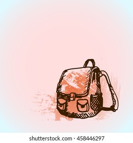 Hand drawn doodle schoolbag. Brown pen outline, pink watercolor grunge background. Pupil, student, school, education.