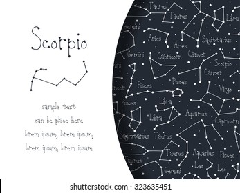 Hand drawn doodle Scorpio astrological sign card, brochure, booklet, cover. Astrological horoscope background