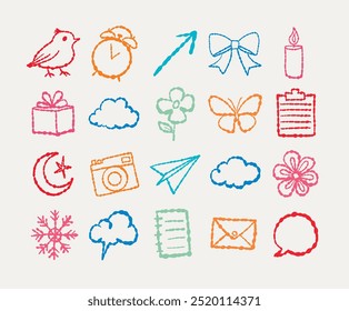 Hand drawn doodle scrapbook icon set. A playful collection of hand-drawn icons including nature, objects, and symbols in a simple, whimsical style. Ideal for scrapbooking, and creative design.