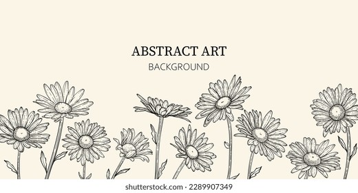 Hand Drawn doodle Scribble floral plants camomile banner. Abstract flowers daisy. Creative minimalist Abstract art background. Design wall decoration, postcard, poster or brochure