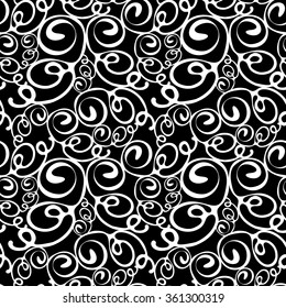 Hand drawn doodle scrolls seamless vector pattern. Art Deco style. Vintage textile collection. White on black. Backgrounds & textures shop.