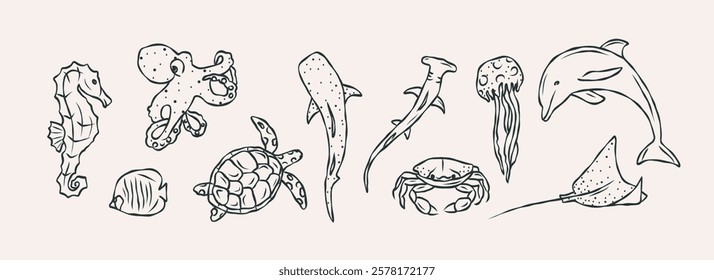 Hand drawn doodle sea animals collection