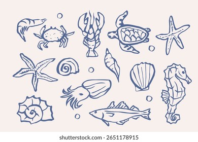 Hand drawn doodle sea animals and seashells