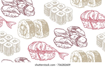 Hand drawn doodle sea food set. Susi. Japanese kitchen
