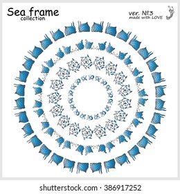 Hand drawn doodle sea frames collection. Decorative nature vector set of elements for design: seaweed, coral, leaf, fish, shell, snail. Black, white and blue color gradient. Simple mandala