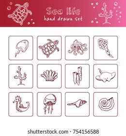 Hand drawn doodle sea life set. Vector illustration. Isolated elements on white background. Symbol collection.