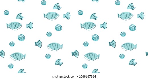 Hand drawn Doodle Sea nautical seamless pattern with fish and shells on grunge brush texture. Underwater illustration. Seafood background.