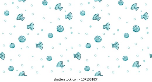 Hand drawn Doodle Sea nautical seamless pattern with fish and shells on grunge brush texture. Underwater illustration. Seafood background.