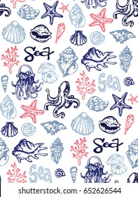 Hand drawn doodle sea pattern. Shell. Undersea.