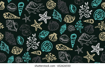 Hand drawn doodle sea pattern. Shell. Undersea.