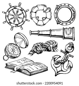 Handgezeichnete doodle Sea Set Vektorgrafik. Leben am Meer, Helm, Bend, Anker, Kompass, Teleskope, log. Gravierstil