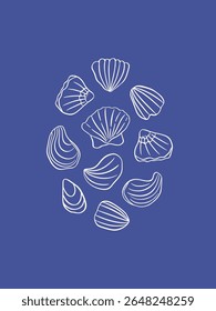 Hand drawn doodle sea shells poster. Coastal sketch art drawing. Underwater marine life vector illustration. Ocean whimsical seashells. Mediterranean aquatic collection