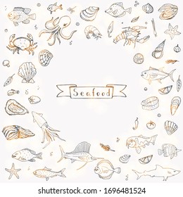 Hand drawn doodle Seafood icons set Vector illustration marine symbols collection Cartoon fish Crab Sea food platter Lobster Oyster Shrimp Shellfish Shrimp on white background for your menu or design