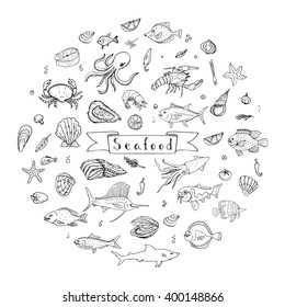 Hand drawn doodle Seafood icons set Vector illustration food symbols collection Cartoon fish Crab Lobster Oyster Shrimp Prawn Shellfish Shrimp on white background for your menu or restaurant design