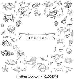 Hand drawn doodle Seafood icons set Vector illustration food symbols collection Cartoon fish Crab Lobster Oyster Shrimp Prawn Shellfish Shrimp on white background for your menu or restaurant design