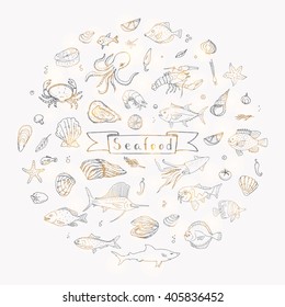 Hand drawn doodle Seafood icons set Vector illustration food symbols collection Cartoon fish Crab Lobster Oyster Shrimp Prawn Shellfish Shrimp on white background for your menu or restaurant design
