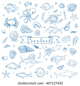 Hand drawn doodle Seafood icons set Vector illustration food symbols collection Cartoon fish Crab Lobster Oyster Shrimp Prawn Shellfish Shrimp on white background for your menu or restaurant design