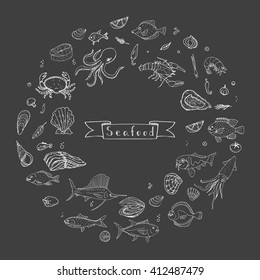 Hand drawn doodle Seafood icons set Vector illustration food symbols collection Cartoon fish Crab Lobster Oyster Shrimp Prawn Shellfish Shrimp on black background for your menu or restaurant design