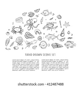 Hand drawn doodle Seafood icons set Vector illustration food symbols collection Cartoon fish Crab Lobster Oyster Shrimp Prawn Shellfish Shrimp on white background for your menu or restaurant design