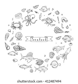 Hand drawn doodle Seafood icons set Vector illustration food symbols collection Cartoon fish Crab Lobster Oyster Shrimp Prawn Shellfish Shrimp on white background for your menu or restaurant design