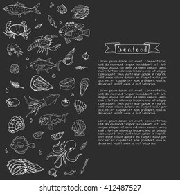 Hand drawn doodle Seafood icons set Vector illustration food symbols collection Cartoon fish Crab Lobster Oyster Shrimp Prawn Shellfish Shrimp on black background for your menu or restaurant design