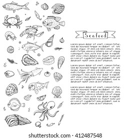 Hand drawn doodle Seafood icons set Vector illustration food symbols collection Cartoon fish Crab Lobster Oyster Shrimp Prawn Shellfish Shrimp on white background for your menu or restaurant design