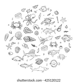 Hand drawn doodle Seafood icons set Vector illustration food symbols collection Cartoon fish Crab Lobster Oyster Shrimp Prawn Shellfish Shrimp on white background for your menu or restaurant design