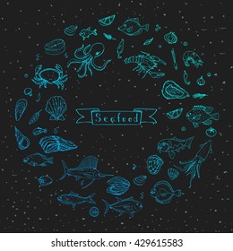 Hand drawn doodle Seafood icons set Vector illustration food symbols collection Cartoon fish Crab Lobster Oyster Shrimp Prawn Shellfish Shrimp on black background for your menu or restaurant design