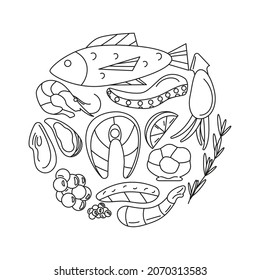 hand drawn doodle seafood outline elements in circle shape. salmon fish, salmon steak and fillet, shrimp, oyster, squid, octopus tentacle, red and black caviar, lemon. isolated vector