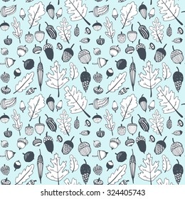 Hand drawn doodle seamless acorn pattern. Vintage wallpaper, scrapbooking, autumn background, oak leaves patterns.
