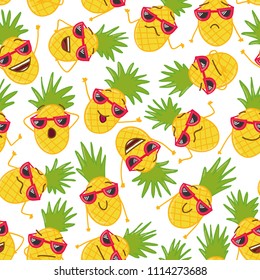 Hand drawn doodle seamless background  with hand drawn doodle pineapples. Summer seamless pattern with summer doodles.