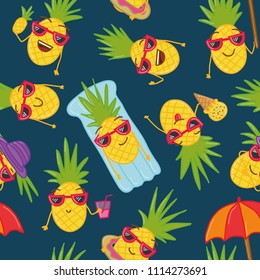 Hand drawn doodle seamless background  with hand drawn doodle pineapples. Summer seamless pattern with summer doodles.