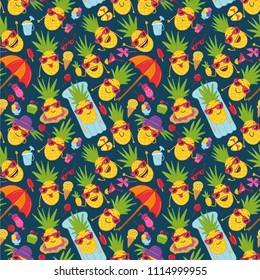 Hand drawn doodle seamless background  with hand drawn doodle pineapples. Summer seamless pattern with summer doodles.