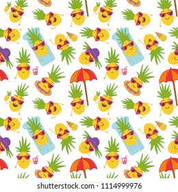 Hand drawn doodle seamless background  with hand drawn doodle pineapples. Summer seamless pattern with summer doodles.