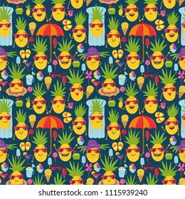 Hand drawn doodle seamless background  with hand drawn doodle pineapples. Summer seamless pattern with summer doodles.