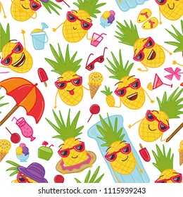 Hand drawn doodle seamless background  with hand drawn doodle pineapples. Summer seamless pattern with summer doodles.