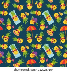 Hand drawn doodle seamless background  with hand drawn doodle pineapples. Summer seamless pattern with summer doodles.