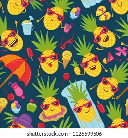Hand drawn doodle seamless background  with hand drawn doodle pineapples. Summer seamless pattern with summer doodles.